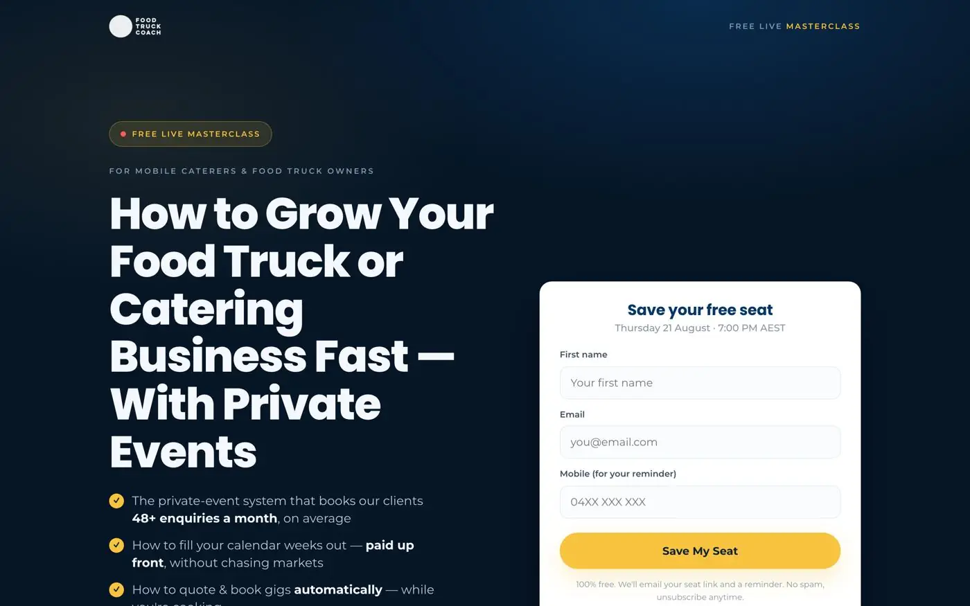 Food Truck Coach landing page