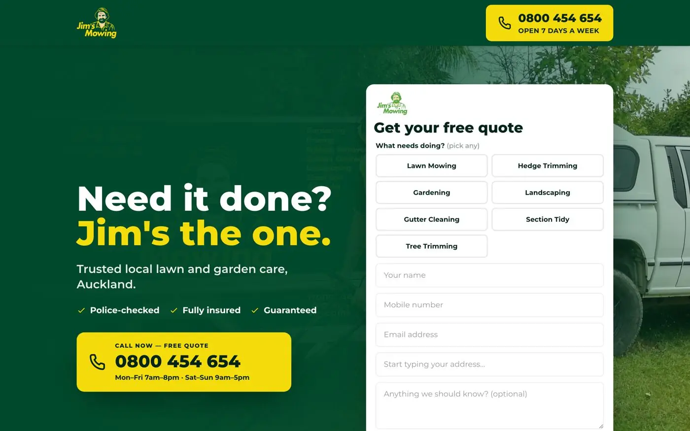 Jim's Mowing landing page